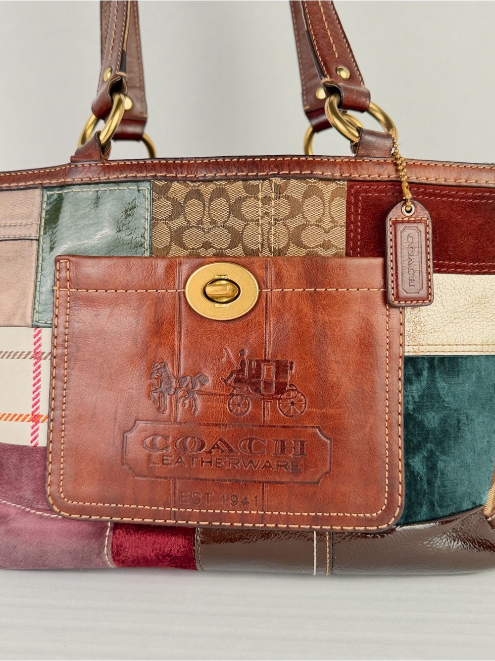 Coach Holiday Patchwork Gallery Tote 11358 Multicolor Leather Vintage Y2K READ